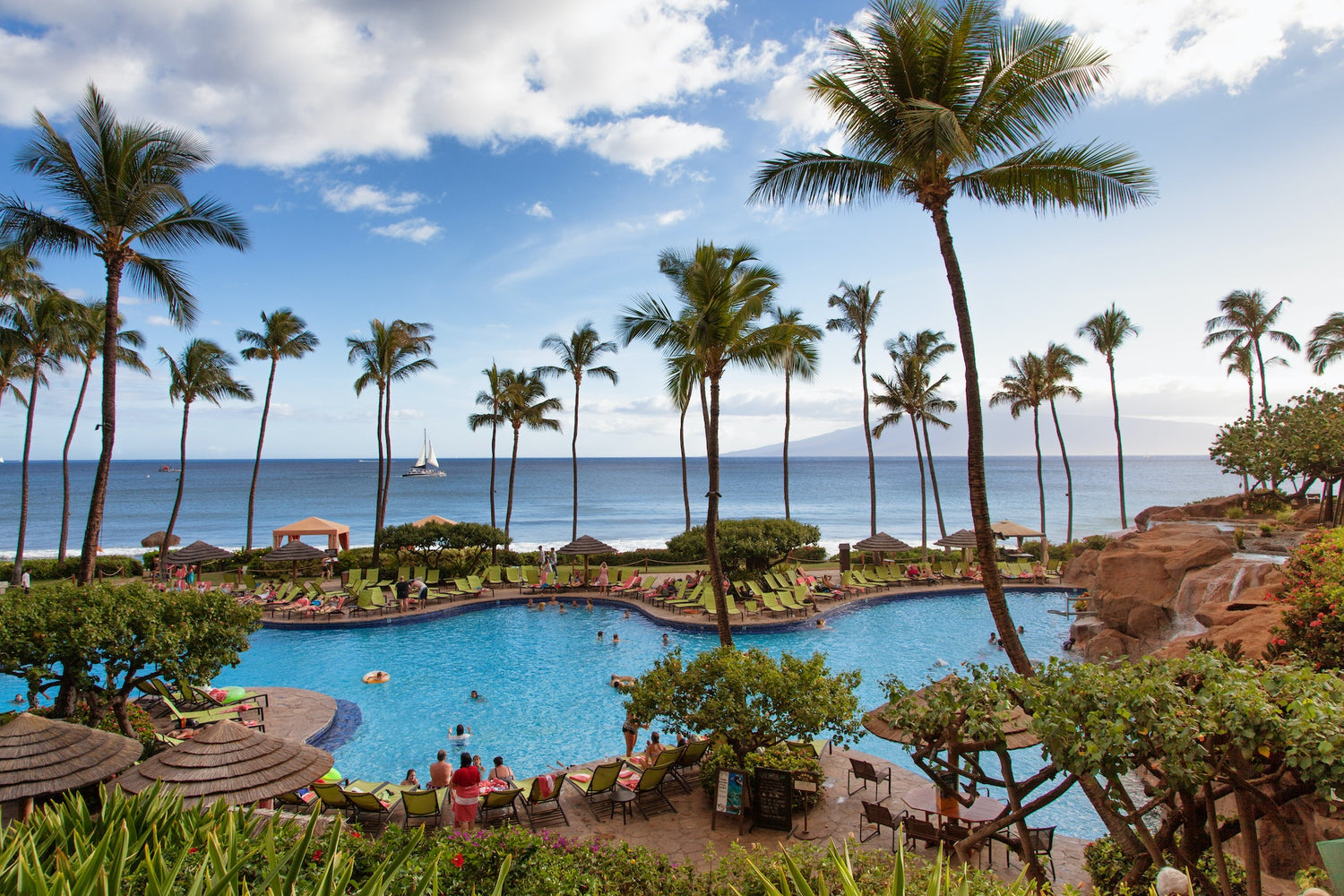 Maui, Hawaii resort with pool, palm trees, sail boat, beach and ocean for local SEO in Maui