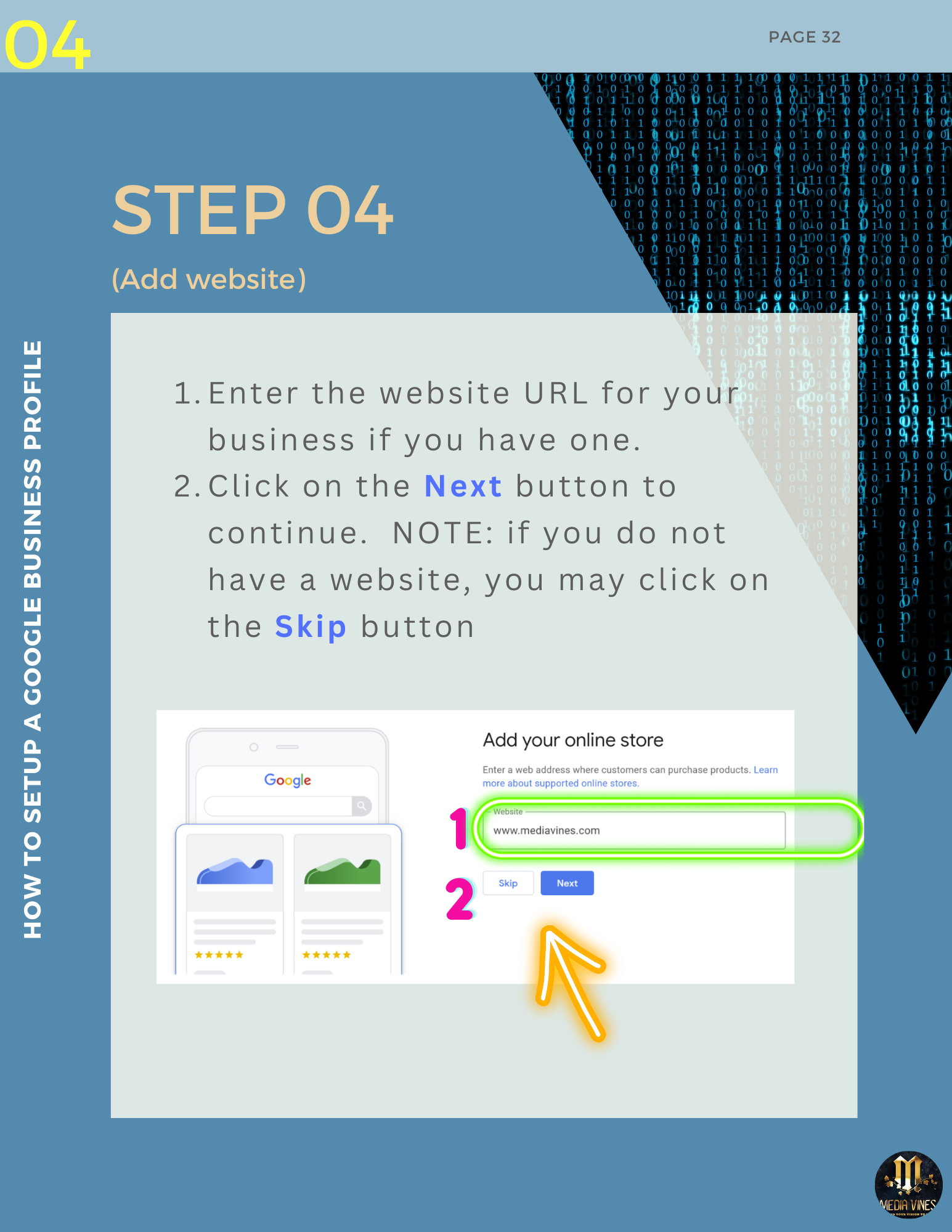 Add Website step - Guide to Google Business Profile (GBP) - a DIY ebook for small business to get listed on GBP by Media Vines Corp of Kihei, HI